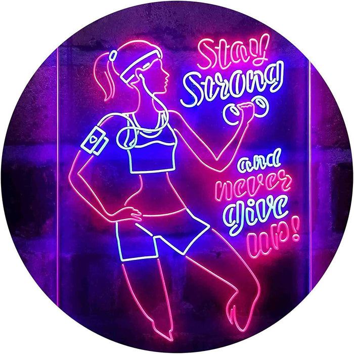 Motivational Quote Women Gym Stay Strong Never Give Up Fitness LED Light Sign - Way Up Gifts