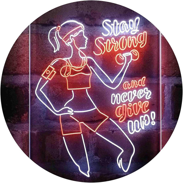 Motivational Quote Women Gym Stay Strong Never Give Up Fitness LED Light Sign - Way Up Gifts
