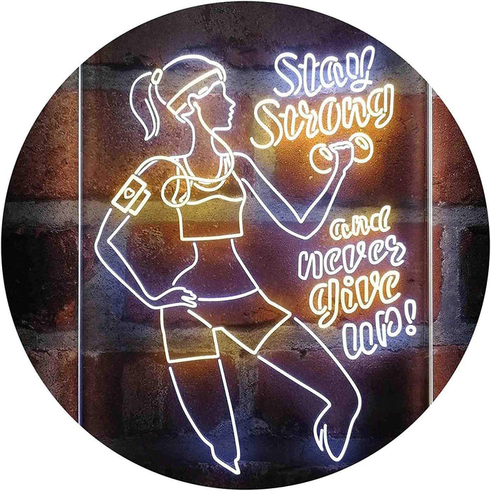 Motivational Quote Women Gym Stay Strong Never Give Up Fitness LED Light Sign - Way Up Gifts