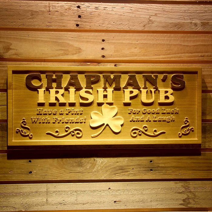 Personalized Irish Pub Shamrock Custom Wood Sign 3D Engraved Wall Plaque - Way Up Gifts