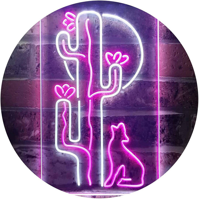 Cactus Wolf Coyote Howling Full Moon LED Light Sign - Way Up Gifts