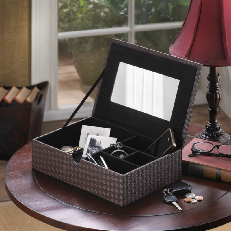 Chestnut Brown Vegan Leather Keepsake Box with Mirror - LED Gift Works