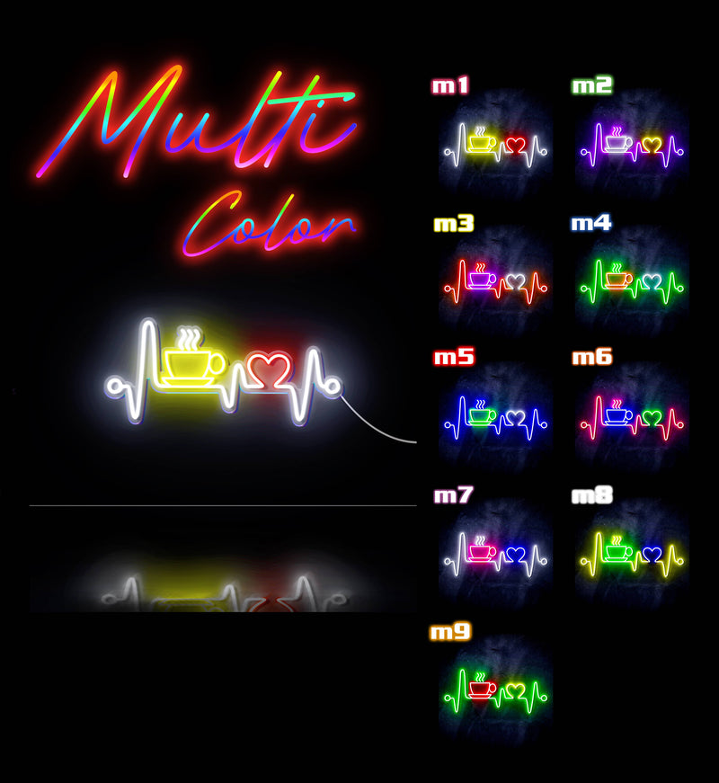 Heartbeat with Coffee and Heart Ultra-Bright LED Sign with Remote (Neon-Style, LED Technology) - LED Gift Works