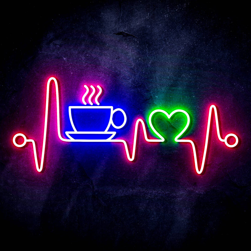 Heartbeat with Coffee and Heart Ultra-Bright LED Sign with Remote (Neon-Style, LED Technology) - LED Gift Works