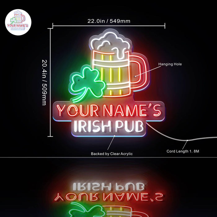 Personalized Ultra-Bright Shamrock Beer Mug Irish Pub LED Sign with Remote (Neon-Style, LED Technology) - Way Up Gifts