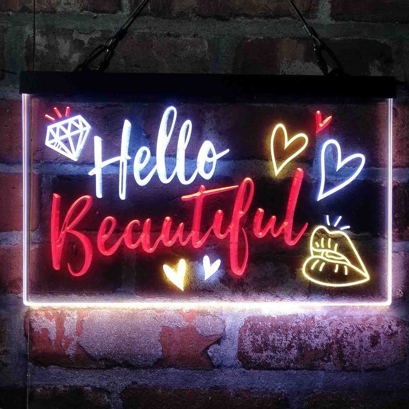 Hello Beautiful Lady Room Decoration Deluxe App-Enabled 3-Color LED Light Sign | LED Wall Decor - LED Gift Works