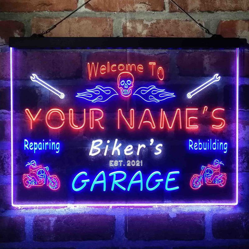 Personalized Biker's Garage Deluxe App-Enabled 3-Color LED Light Sign - LED Gift Works