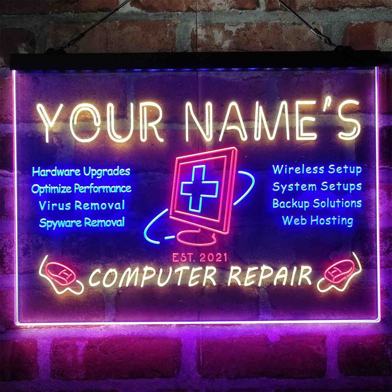 Personalized Computer Repair Shop Deluxe App-Enabled 3-Color LED Light Sign | LED Wall Decor - LED Gift Works