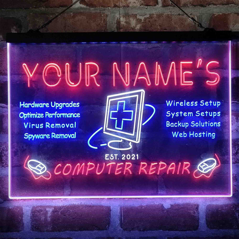 Personalized Computer Repair Shop Deluxe App-Enabled 3-Color LED Light Sign | LED Wall Decor - LED Gift Works