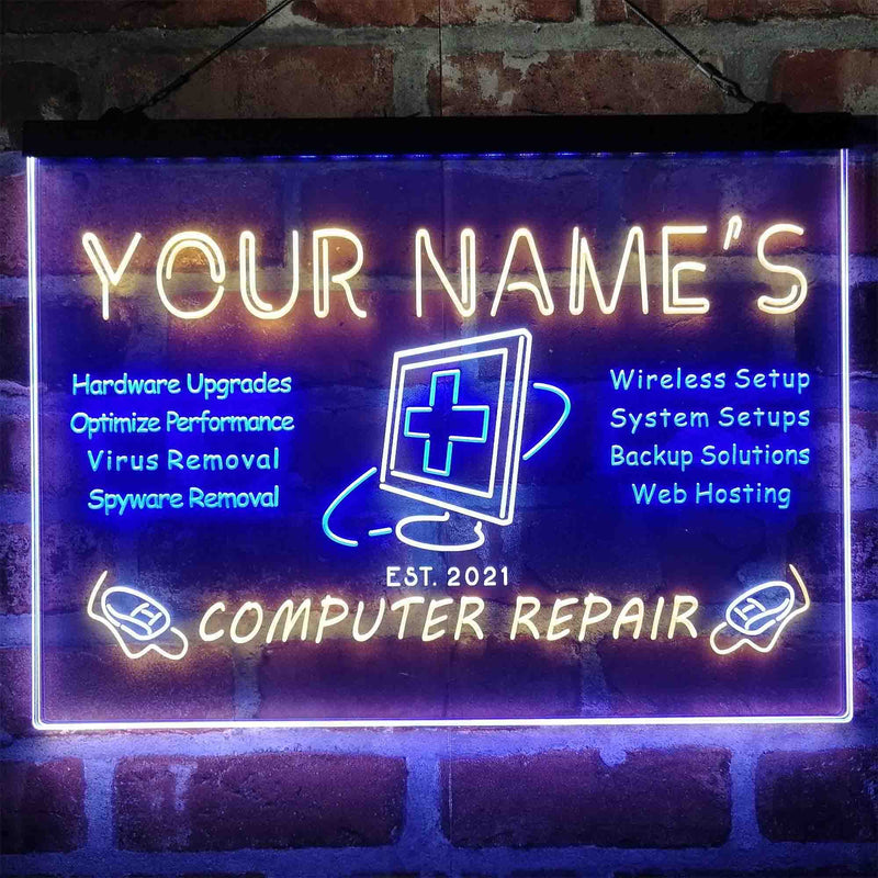 Personalized Computer Repair Shop Deluxe App-Enabled 3-Color LED Light Sign | LED Wall Decor - LED Gift Works
