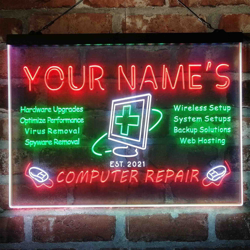 Personalized Computer Repair Shop Deluxe App-Enabled 3-Color LED Light Sign | LED Wall Decor - LED Gift Works