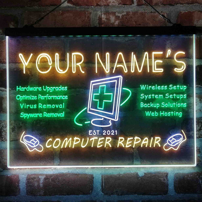 Personalized Computer Repair Shop Deluxe App-Enabled 3-Color LED Light Sign | LED Wall Decor - LED Gift Works