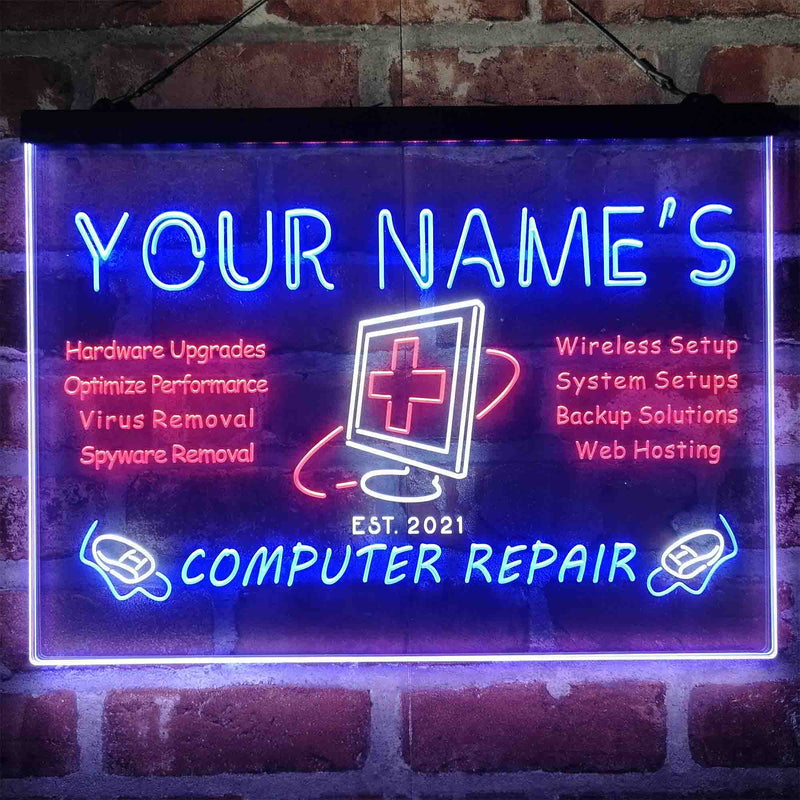 Personalized Computer Repair Shop Deluxe App-Enabled 3-Color LED Light Sign | LED Wall Decor - LED Gift Works