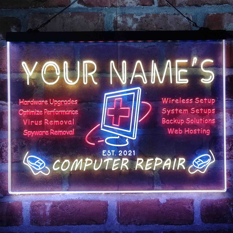 Personalized Computer Repair Shop Deluxe App-Enabled 3-Color LED Light Sign | LED Wall Decor - LED Gift Works