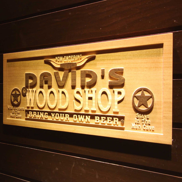 Personalized Garage Man Cave Wood Shop Custom Wood Sign 3D Engraved Wall Plaque - LED Gift Works