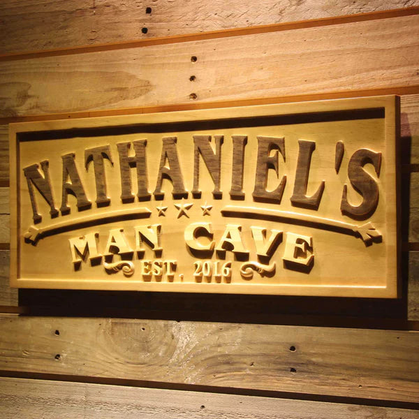 Personalized Man Cave Stars Custom Wood Sign 3D Engraved Wall Plaque - LED Gift Works