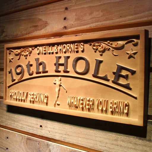 Personalized Golf 19th Hole Bar Man Cave Custom Wood Sign 3D Engraved Wall Plaque - LED Gift Works
