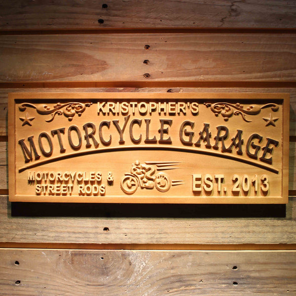 Personalized Motorcycle Garage Custom Wood Sign 3D Engraved Wall Plaque - LED Gift Works