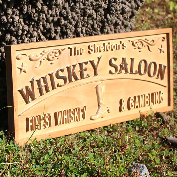 Personalized Bar Whiskey Saloon Custom Wood Sign 3D Engraved Wall Plaque - Way Up Gifts