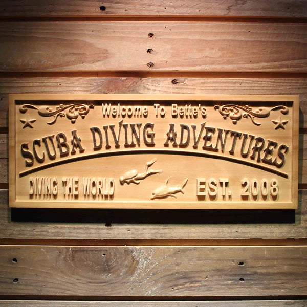 Personalized Beach Decor Scuba Diving Custom Wood Sign 3D Engraved Wall Plaque - LED Gift Works