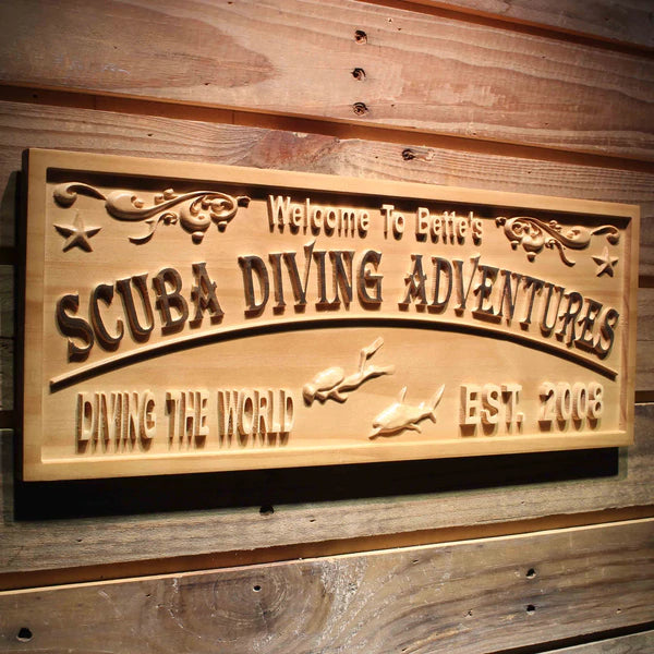 Personalized Beach Decor Scuba Diving Custom Wood Sign 3D Engraved Wall Plaque - LED Gift Works