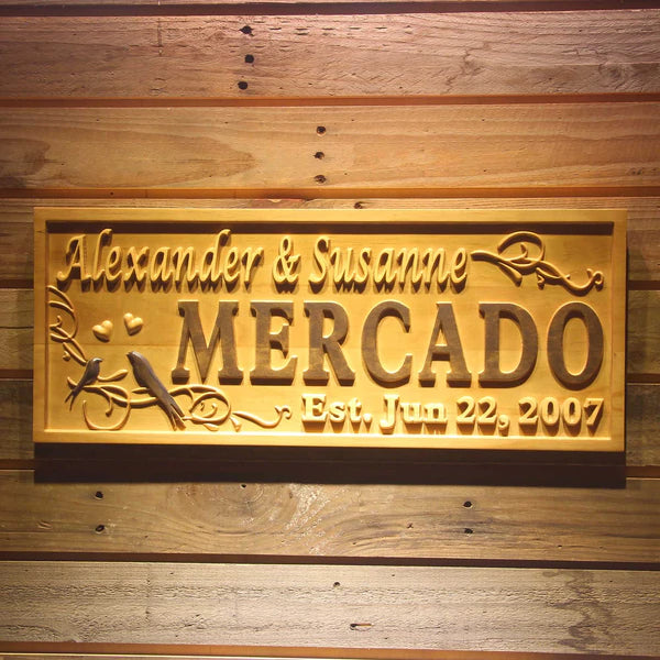 Personalized Couples Name Love Birds Wedding Custom Wood Sign 3D Engraved Wall Plaque - LED Gift Works