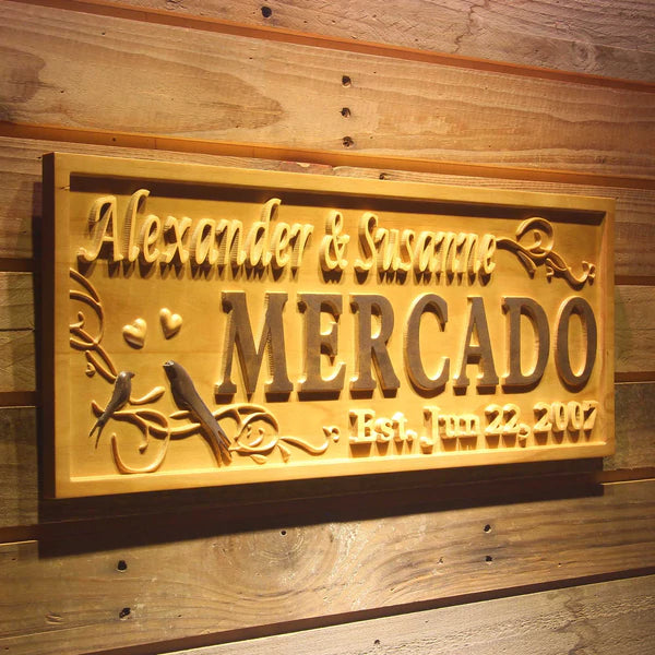 Personalized Couples Name Love Birds Wedding Custom Wood Sign 3D Engraved Wall Plaque - Way Up Gifts