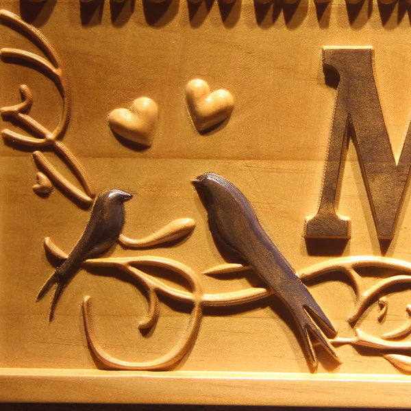Personalized Couples Name Love Birds Wedding Custom Wood Sign 3D Engraved Wall Plaque - LED Gift Works